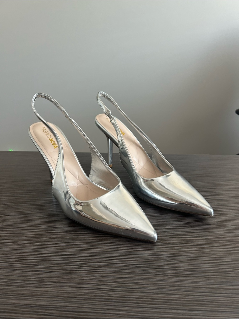 Fashion Nova Metallic Silver Pointed Slingback Heels